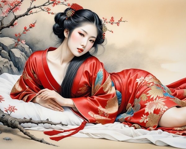 Elegant Woman in Red Kimono Surrounded by Cherry Blossoms