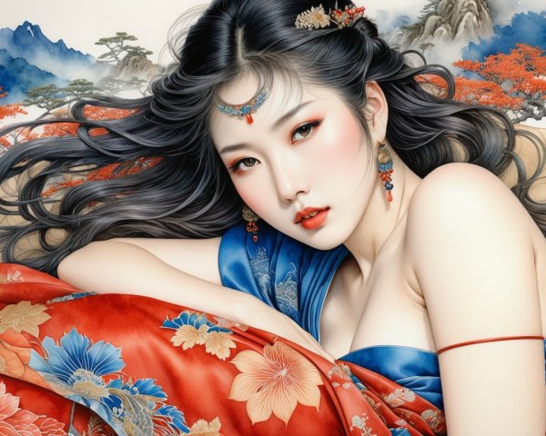 Elegant Woman in Vibrant Kimono Surrounded by Nature