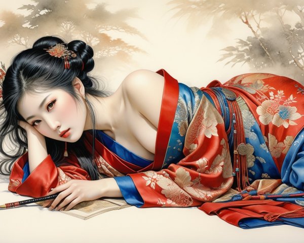 Young woman in traditional kimono with nature motifs