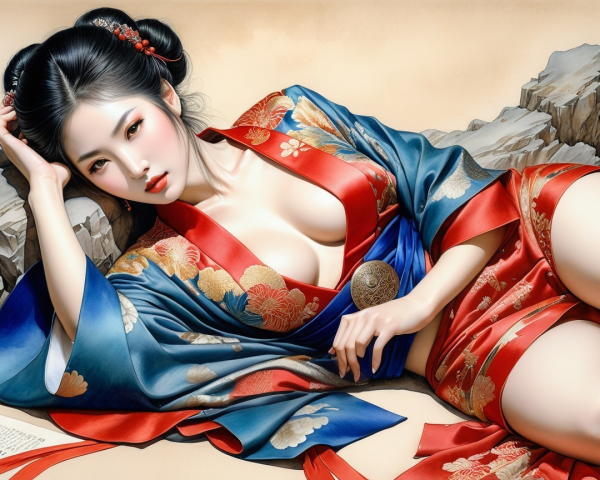 Woman in luxurious floral kimono on rocky surface