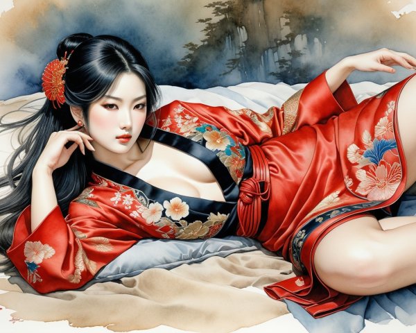 Woman in Red Kimono with Floral Designs on Bed