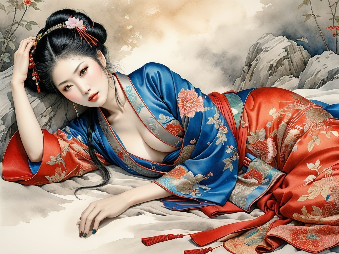 Serene Woman in Vibrant Kimono Against Soft Hues