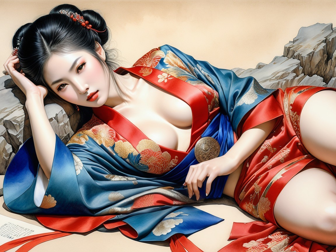 Woman in luxurious floral kimono on rocky surface