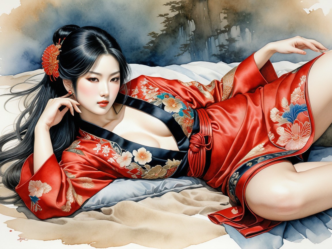Woman in Red Kimono with Floral Designs on Bed