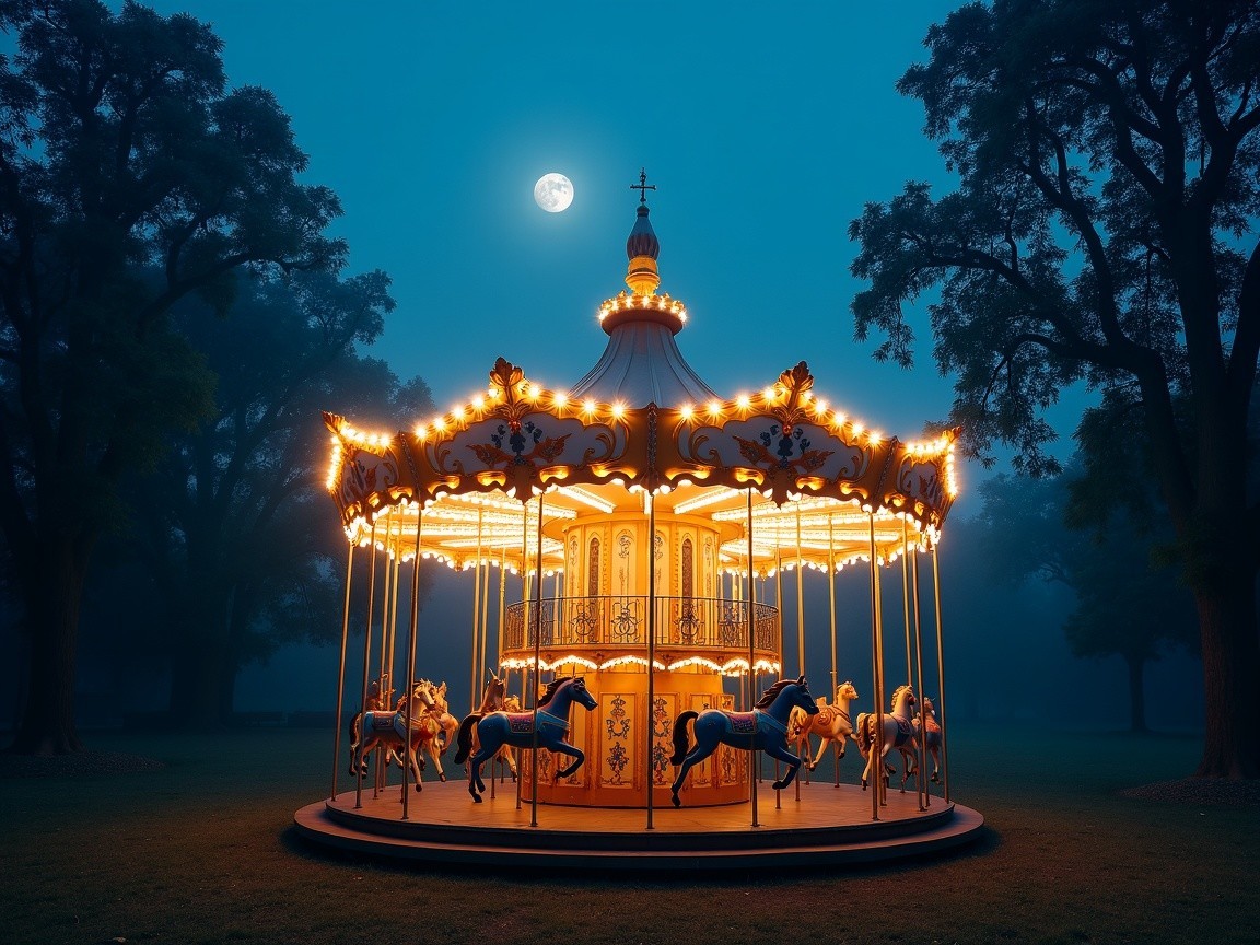 Illuminated Carousel in Misty Park at Night