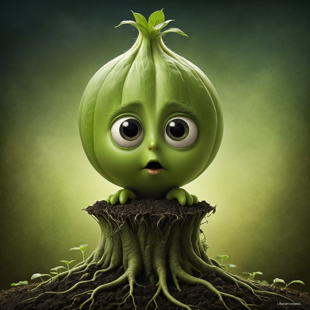 Whimsical Green Onion Character in Vibrant Soil Scene