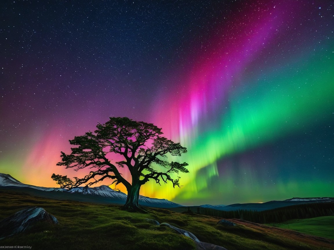 Lone Tree Under Vibrant Aurora Borealis Night Sky