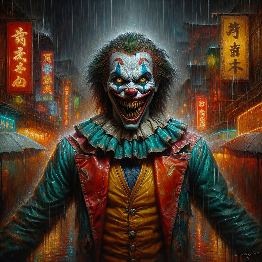 Menacing Clown in Neon-Lit Rainy Urban Scene