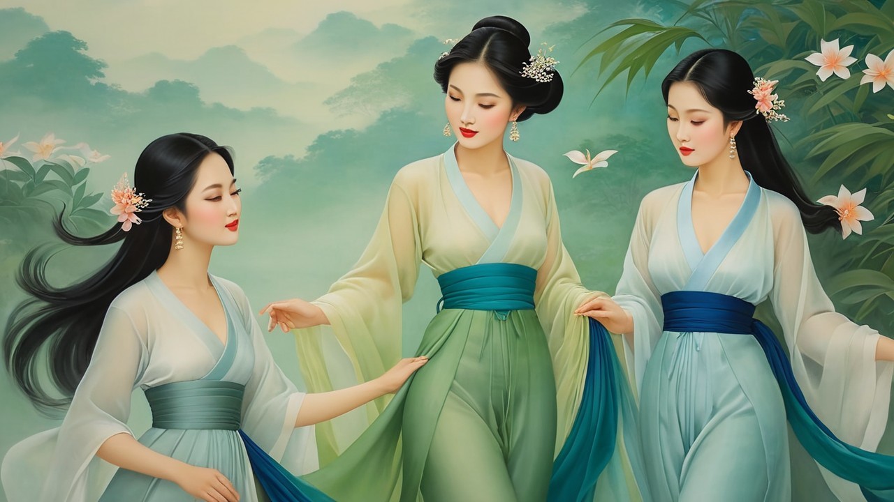Three Women in Traditional Garments in Lush Landscape