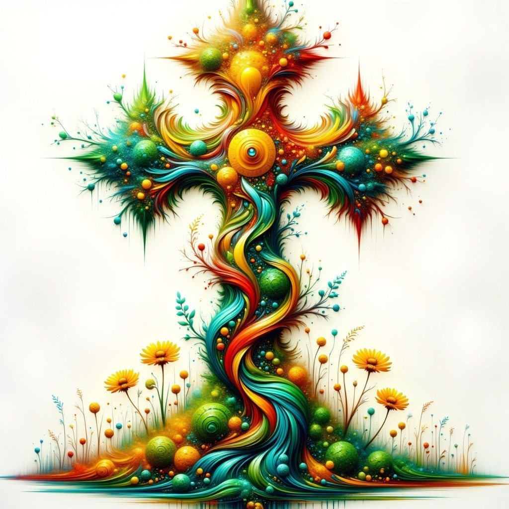 Vibrant Abstract Cross with Floral and Colorful Spirals