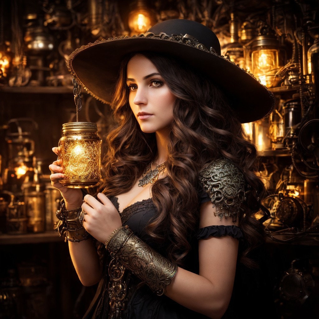 Young woman in elegant gown with steampunk backdrop