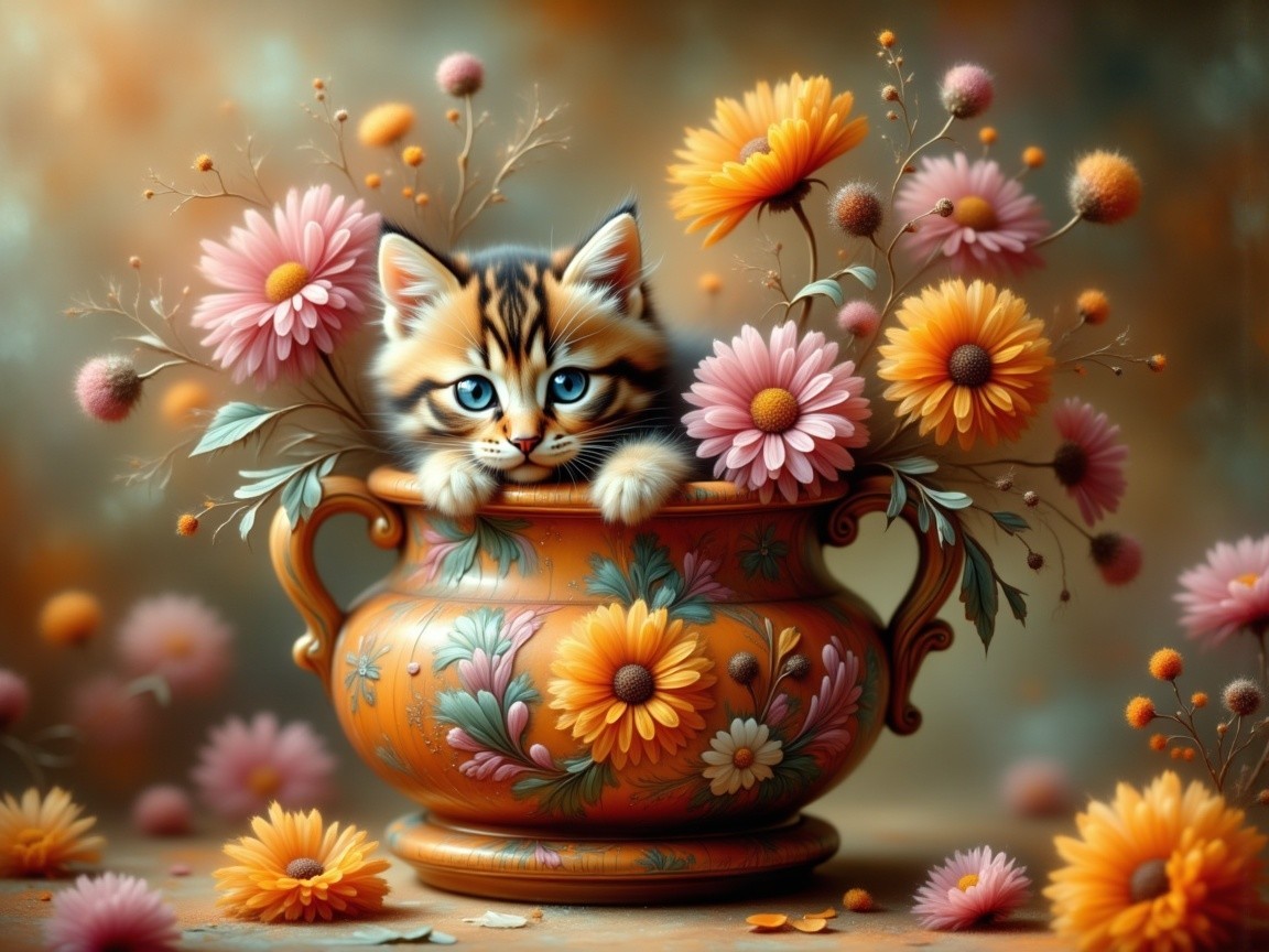 Playful Kitten in Ornate Vase with Colorful Flowers