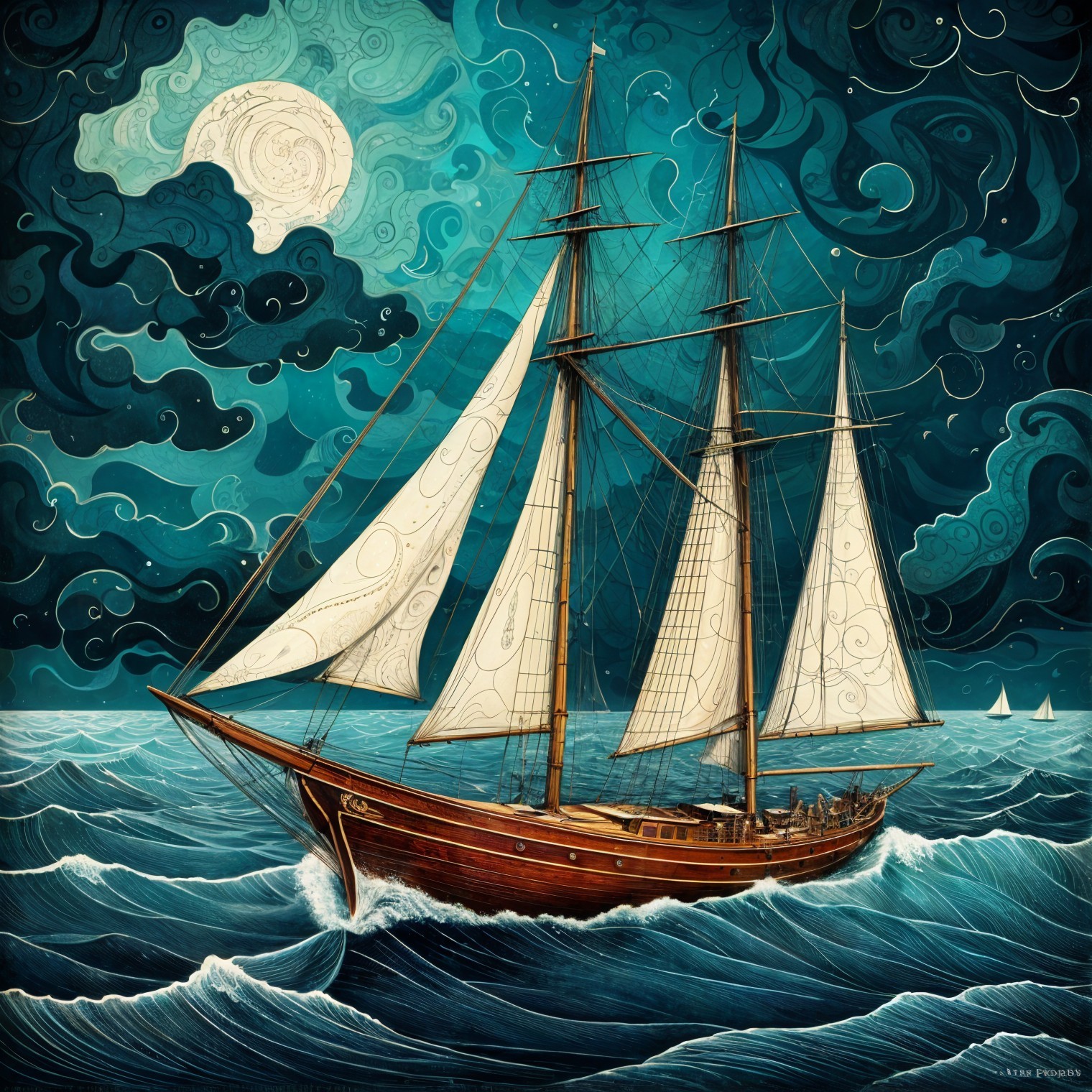 Sailing Ship in Vibrant Waves Under Mystical Night Sky