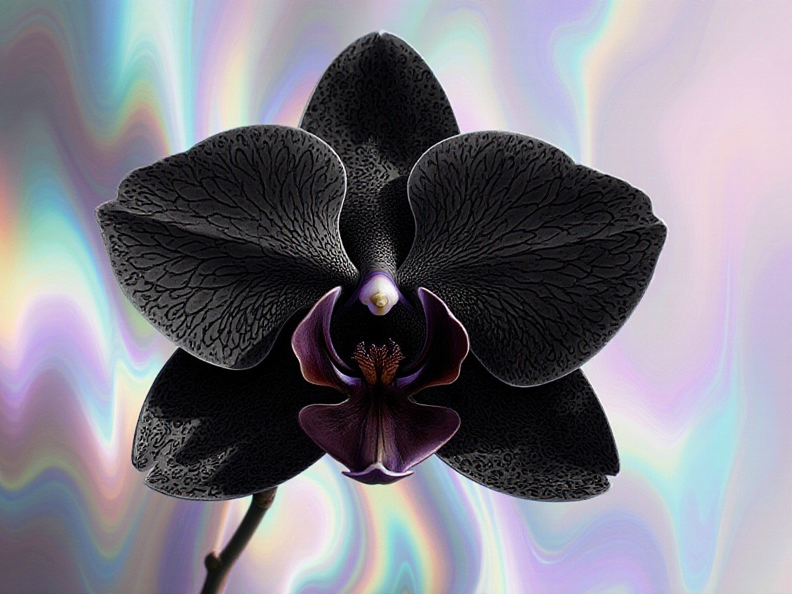 Black Orchid with Intricate Petals and Iridescent Background