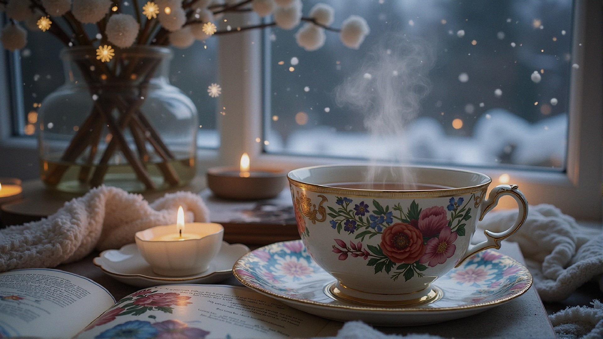 Cozy Winter Tea Scene with Decorated Cup and Blanket