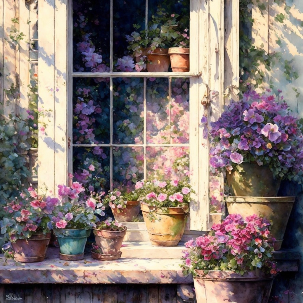Vibrant Flower Pots in a Serene Window Scene
