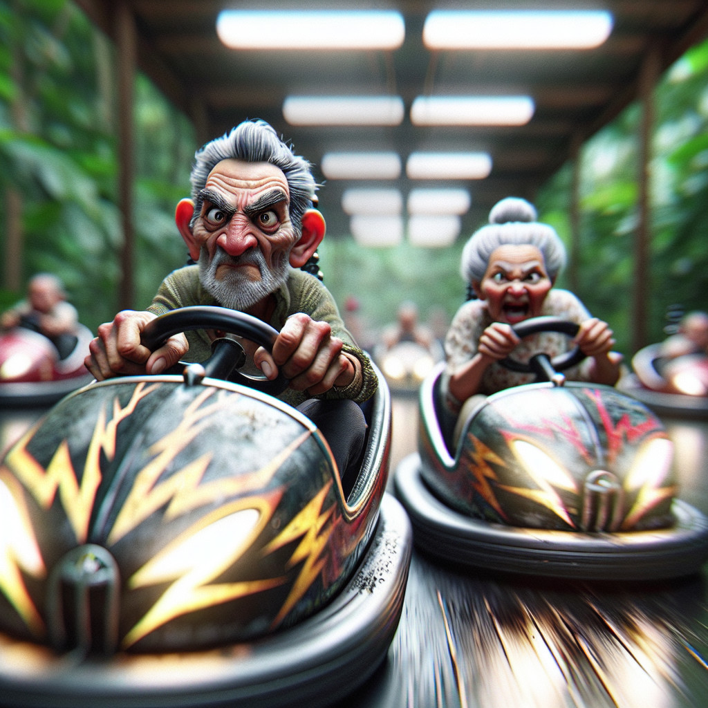 Elderly Characters Racing in Bumper Cars at Amusement Park