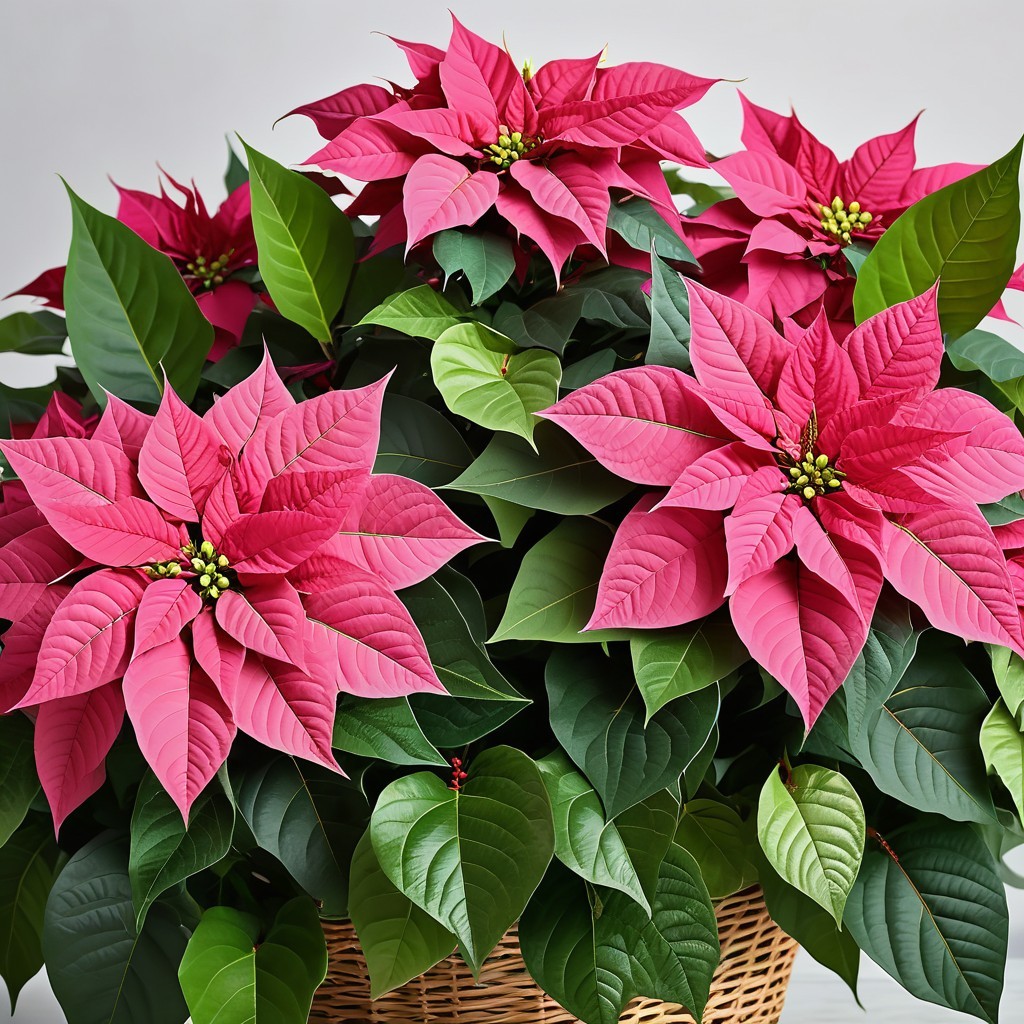 Vibrant Poinsettia Plants in Woven Basket Display