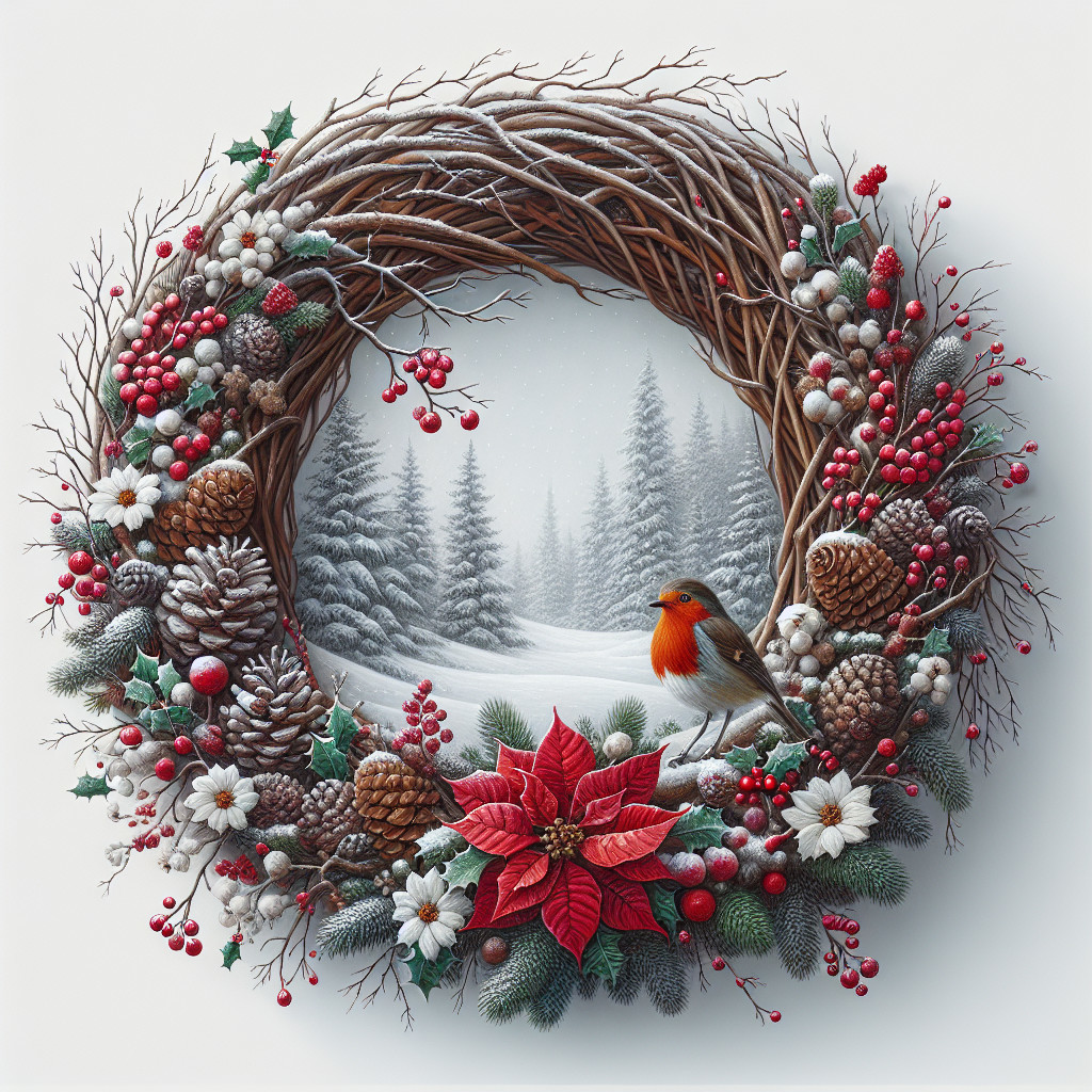 Winter Wreath with Twigs, Pinecones, and Flowers