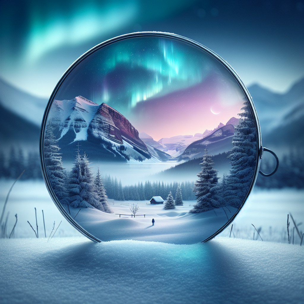 Winter Landscape in Glass Orb with Auroras and Pines