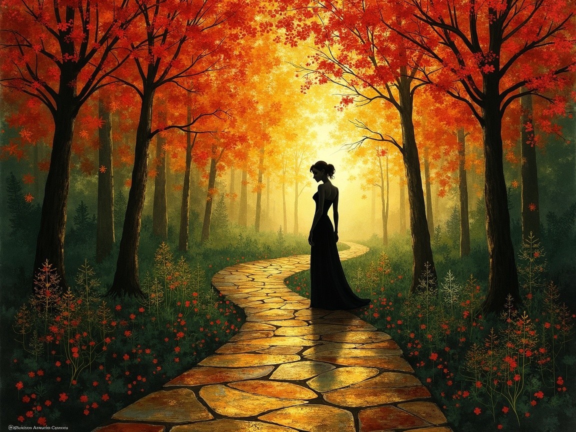 Silhouette of a Woman in Vibrant Autumn Forest