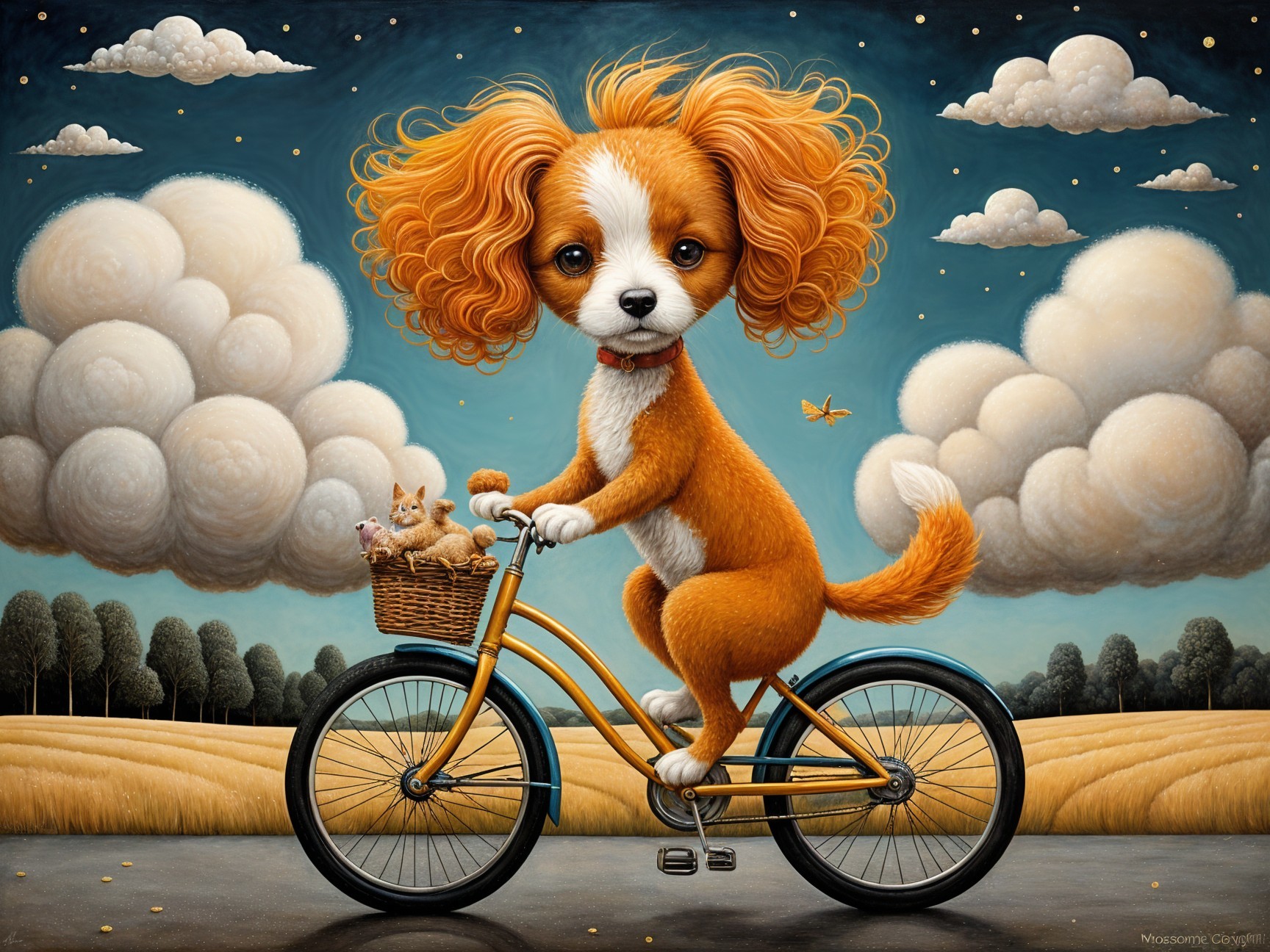 Fluffy Orange Dog on Bicycle with Kittens in Basket
