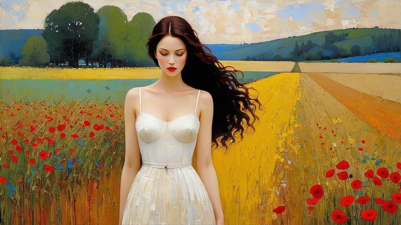 Serene Landscape with Vibrant Fields and Woman in Dress