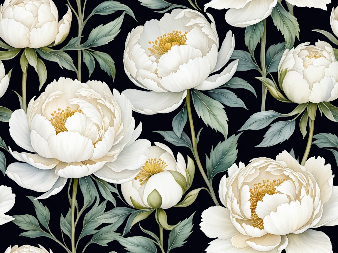 Creamy White Peonies on Black Background Design