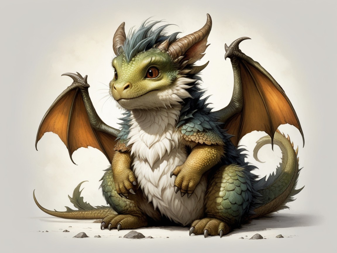 Whimsical dragon with vibrant scales and fluffy belly