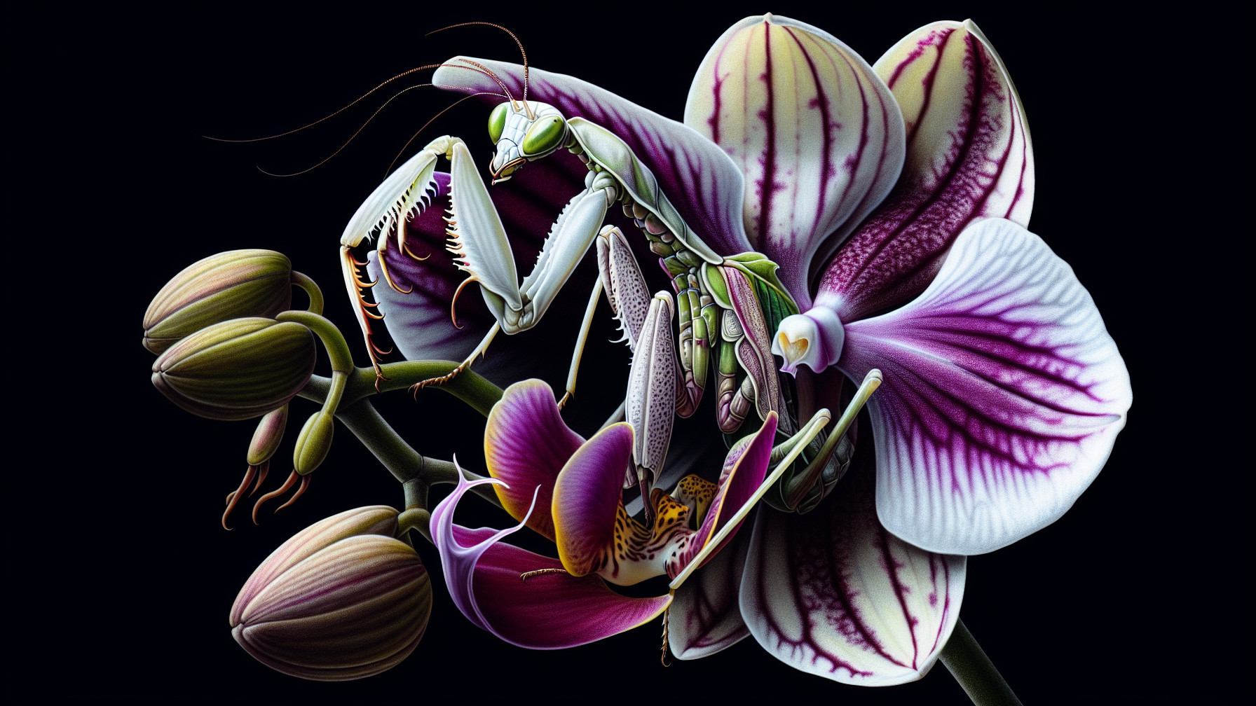 Detailed Digital Painting of Praying Mantis and Orchids
