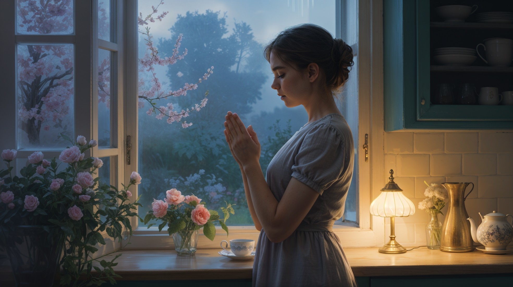 Young Woman in Serene Kitchen with Floral View