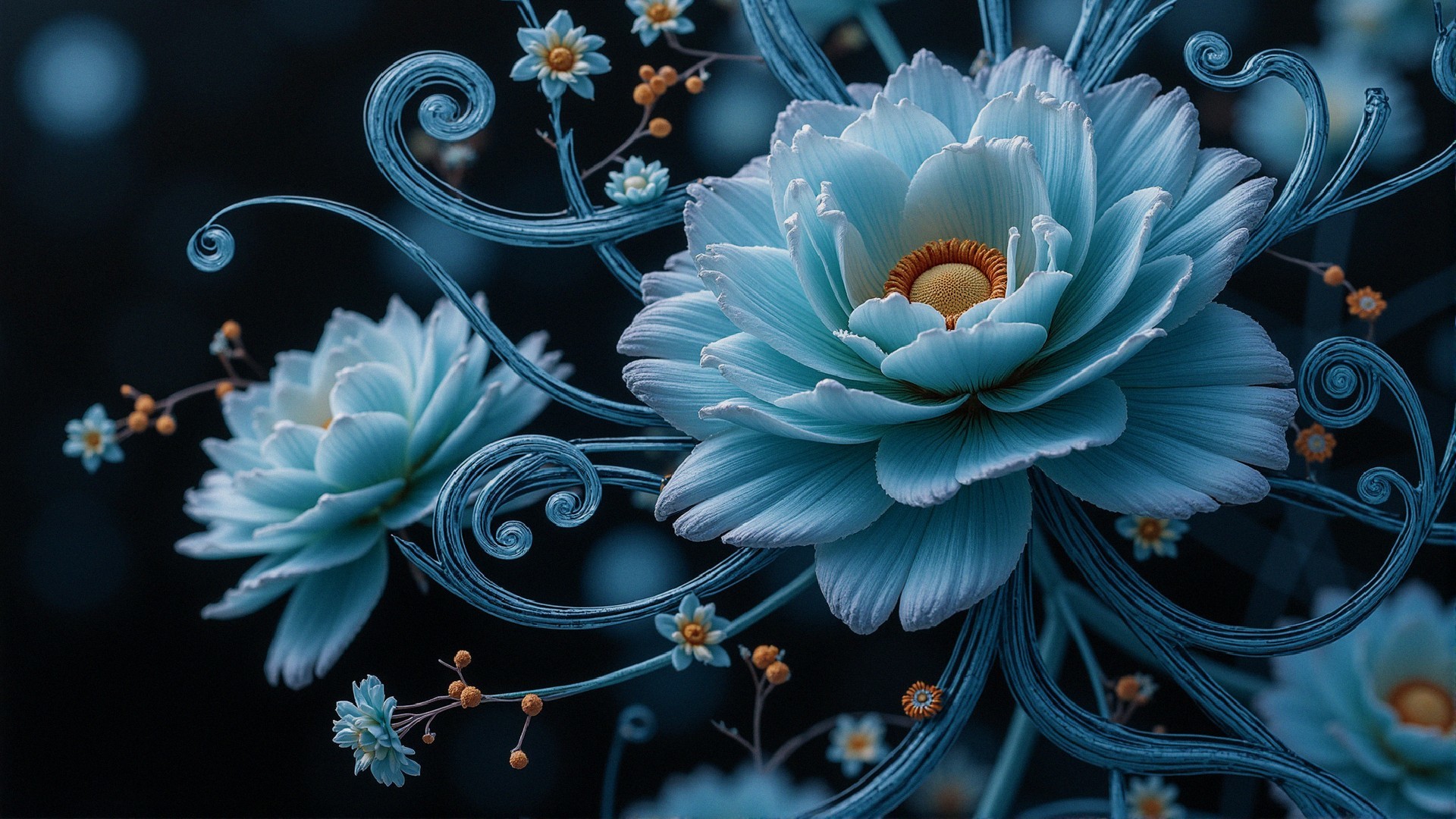Blue Flowers with Orange Centers on Dark Background