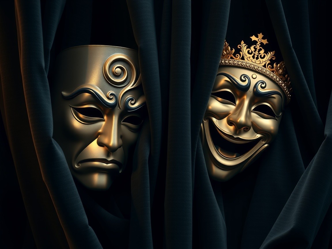 Ornate Theatrical Masks Behind Dark Curtains