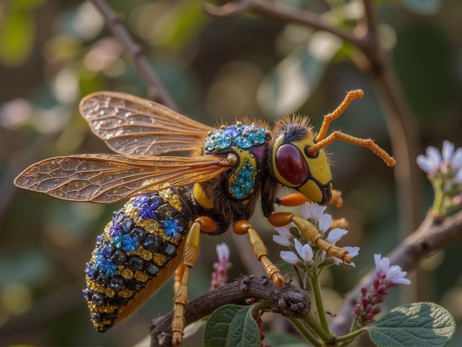 Insect with Jewel-Like Details on White Flowers