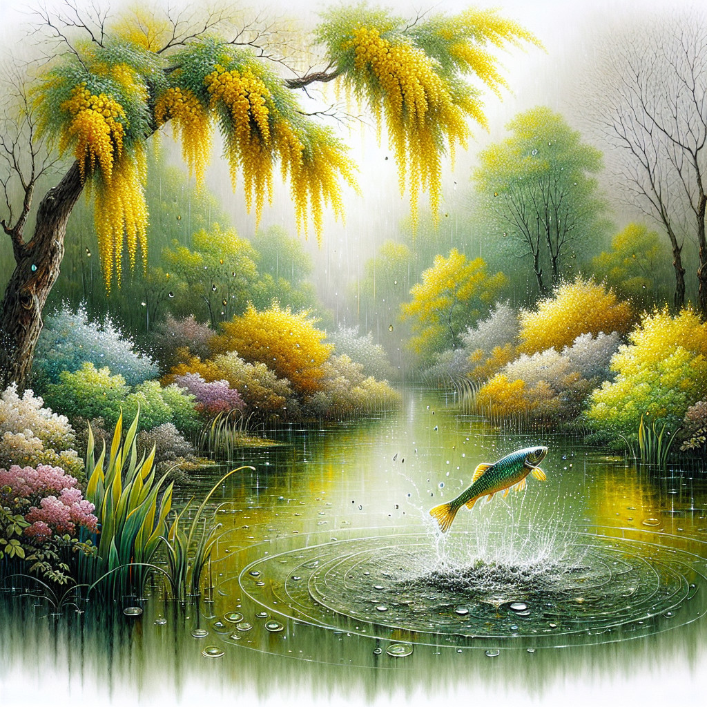 Oil Painting of Fish Leaping in Spring Rainforest Scene