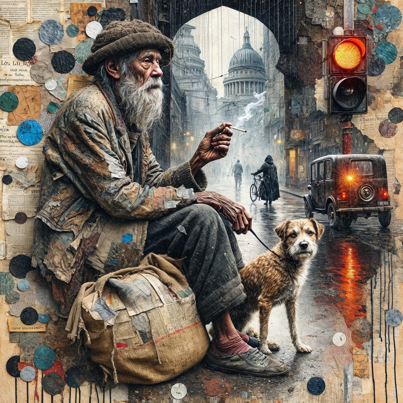 Elderly Man with Dog in Rainy City Street Scene