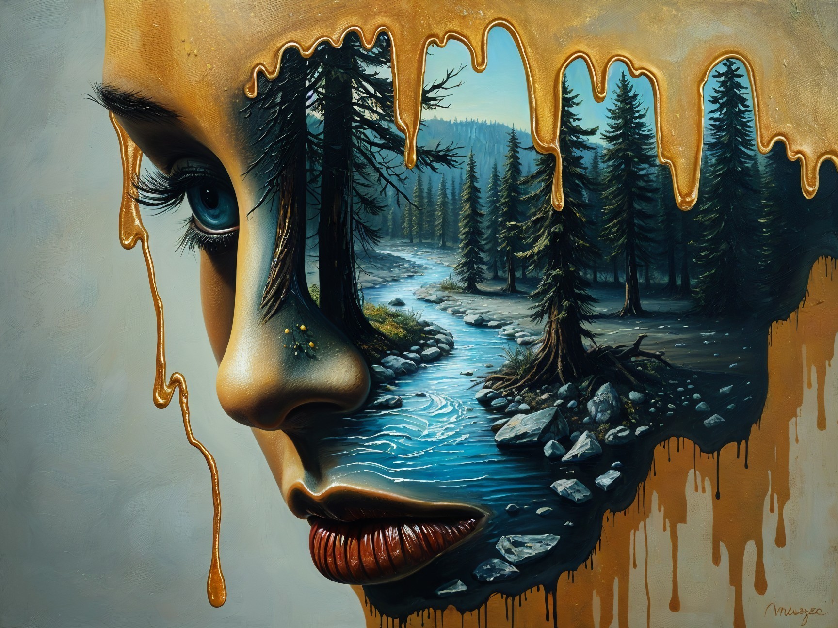 Surreal Artwork of Woman's Face with Nature Elements