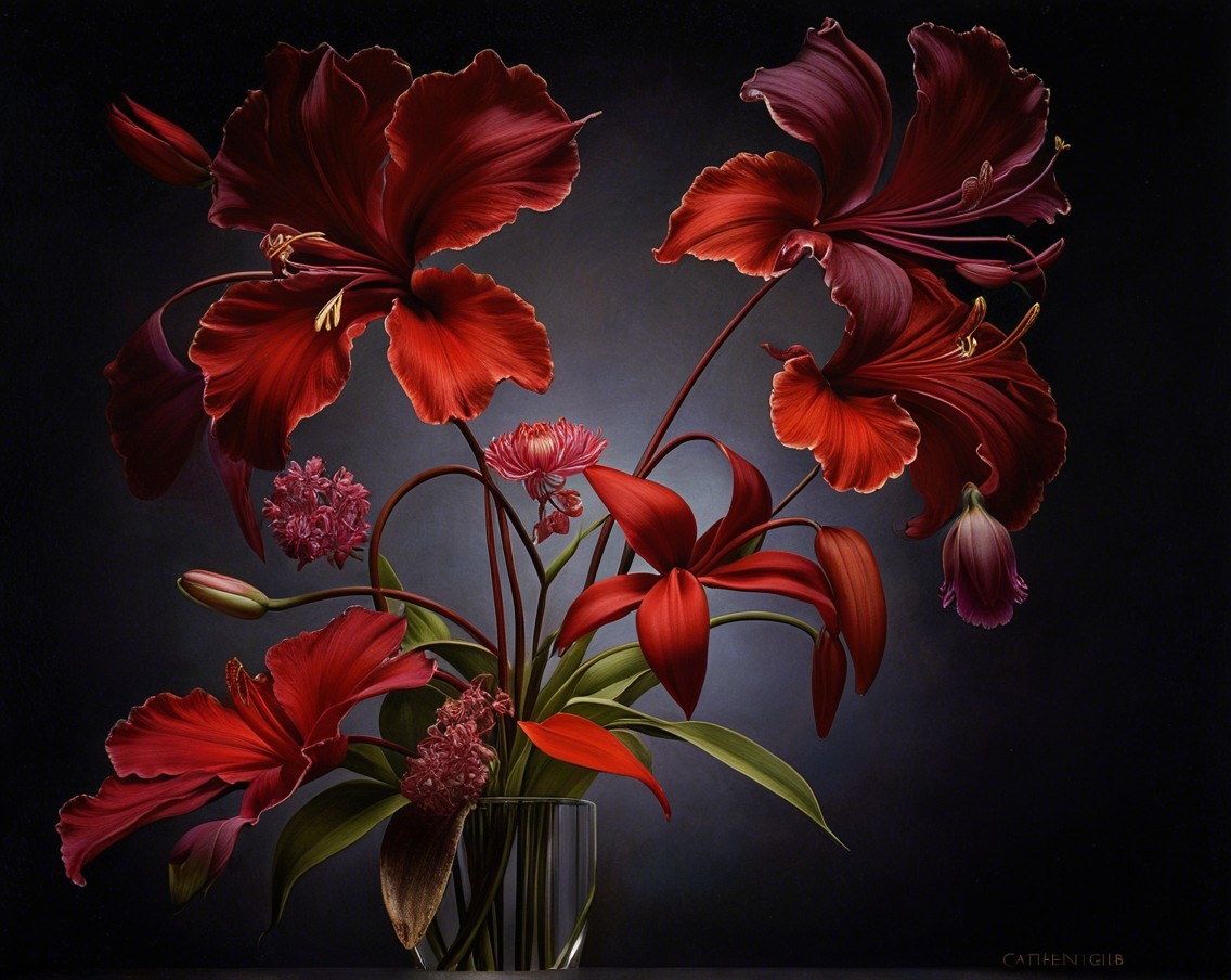 Vibrant Red Orchids in Clear Glass Vase Still Life