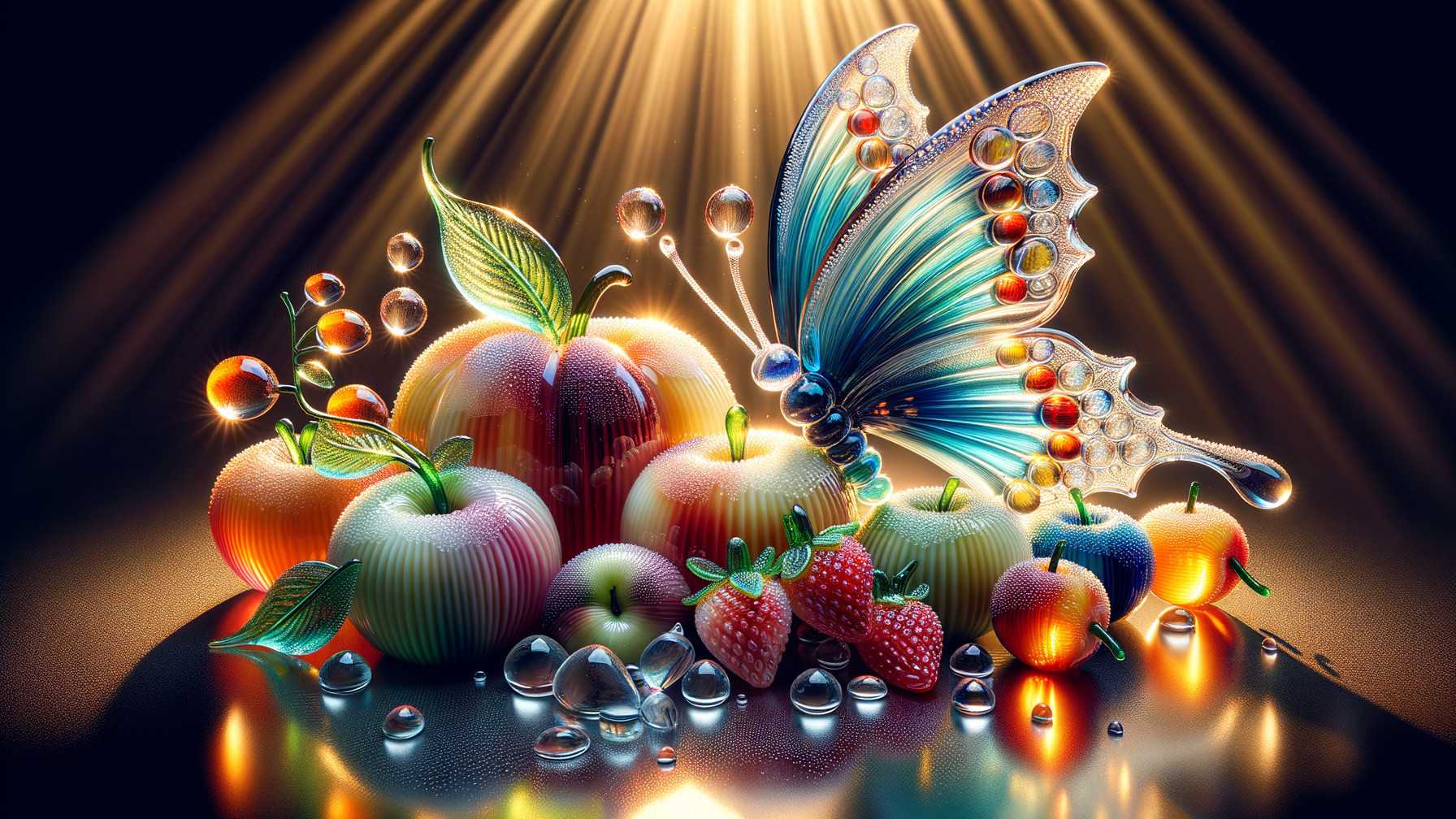 Colorful Fruit Arrangement with Butterfly and Water Droplets