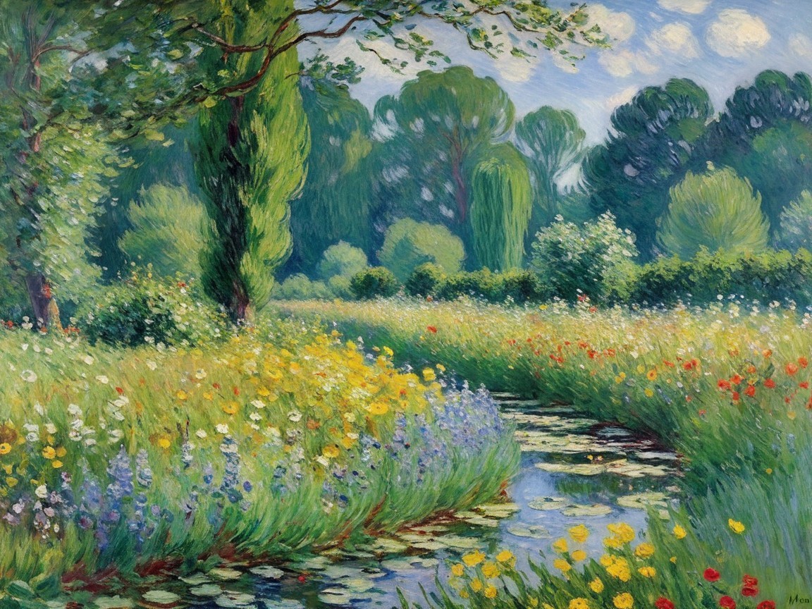 Vibrant Meadow Landscape with Wildflowers and Stream