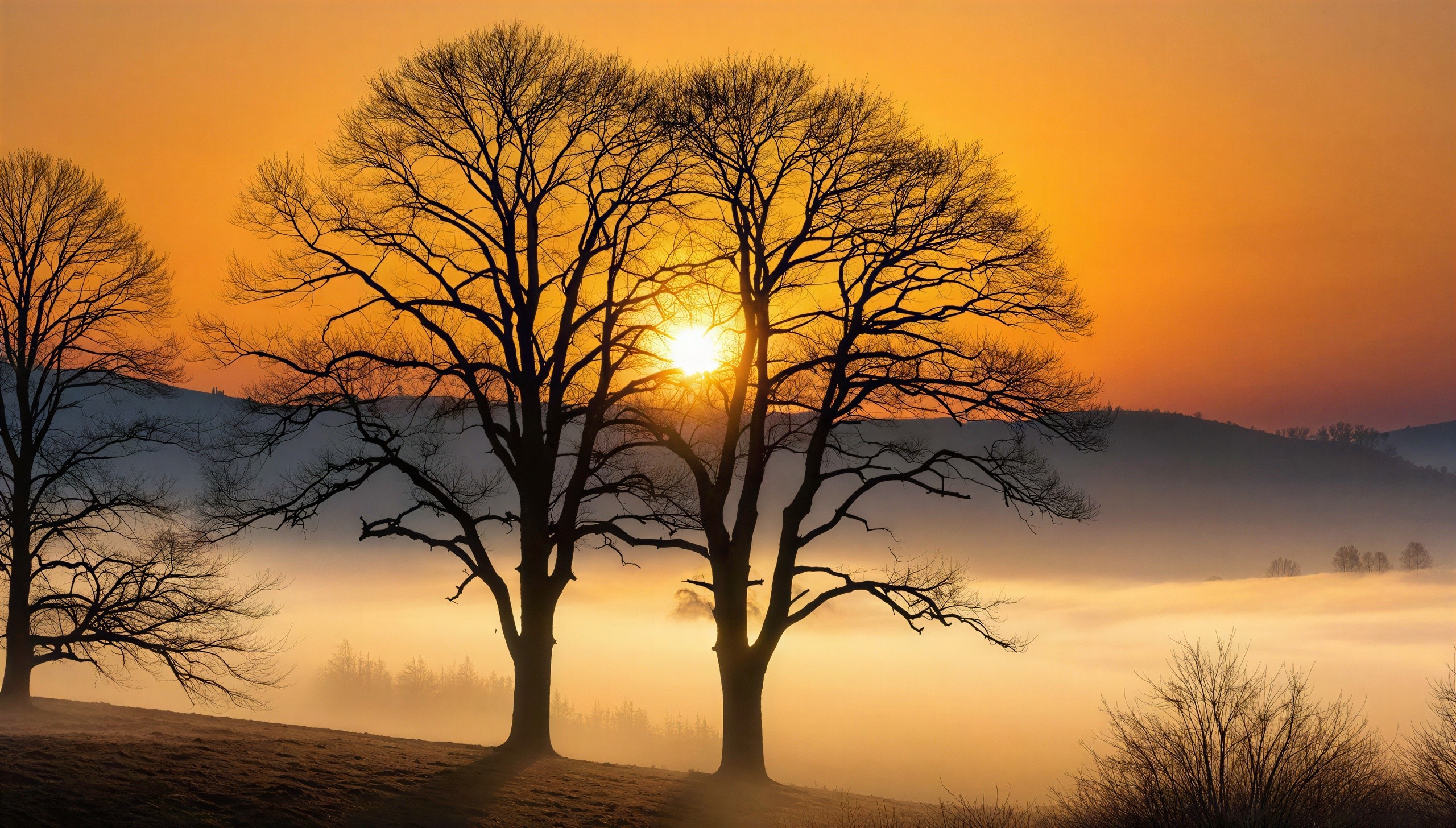 Sunrise over Misty Valley with Silhouetted Trees