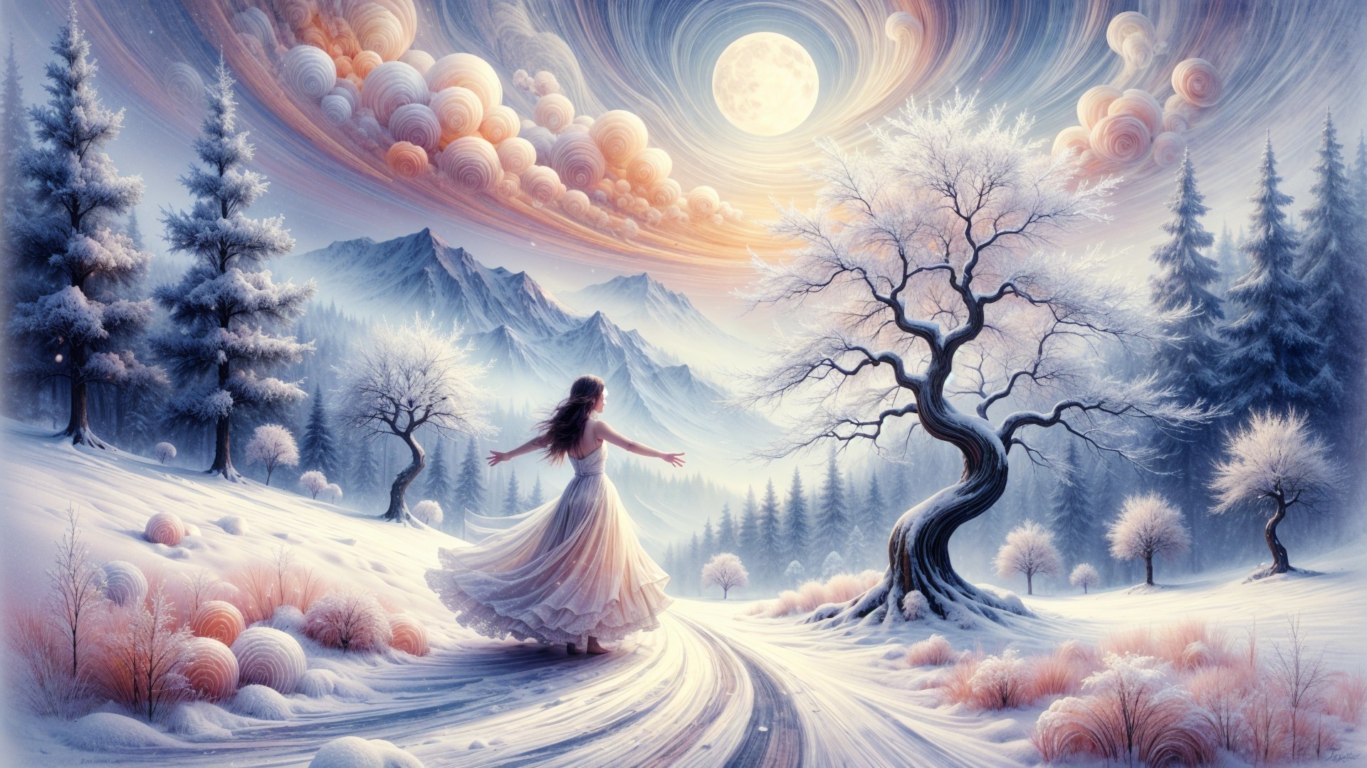 Serene winter landscape with pastel skies and trees