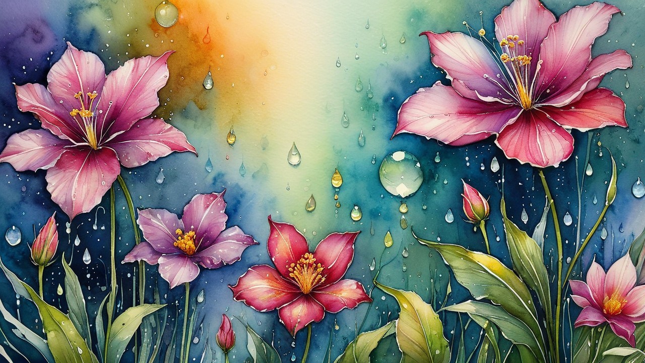 Vibrant Watercolor of Blooming Flowers and Leaves