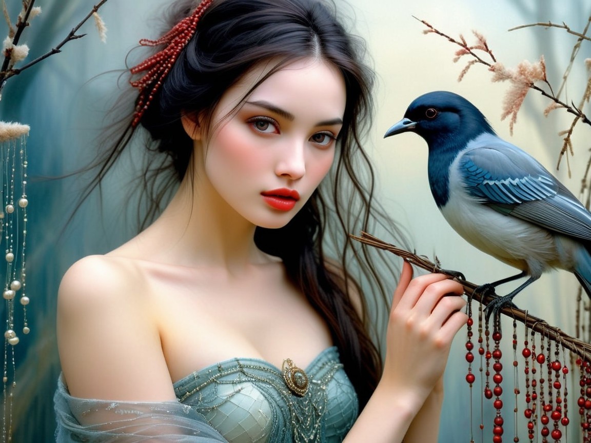 Young woman in blue dress with blue bird in dreamy scene