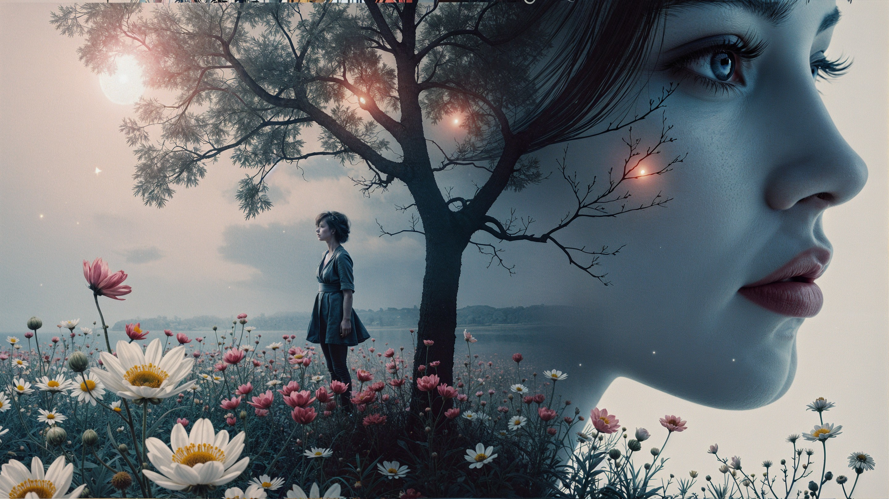 Surreal Scene of Woman's Profile and Serene Landscape