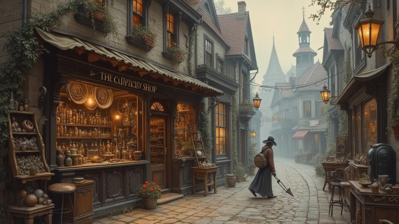 Misty Cobblestone Street with Charming Shops and Lanterns
