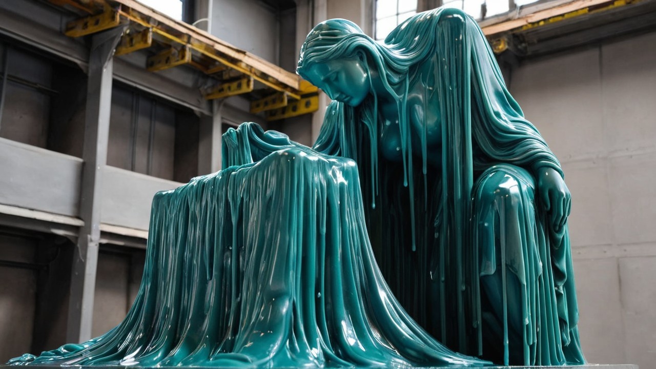 Sculpture of a seated figure in glossy teal material