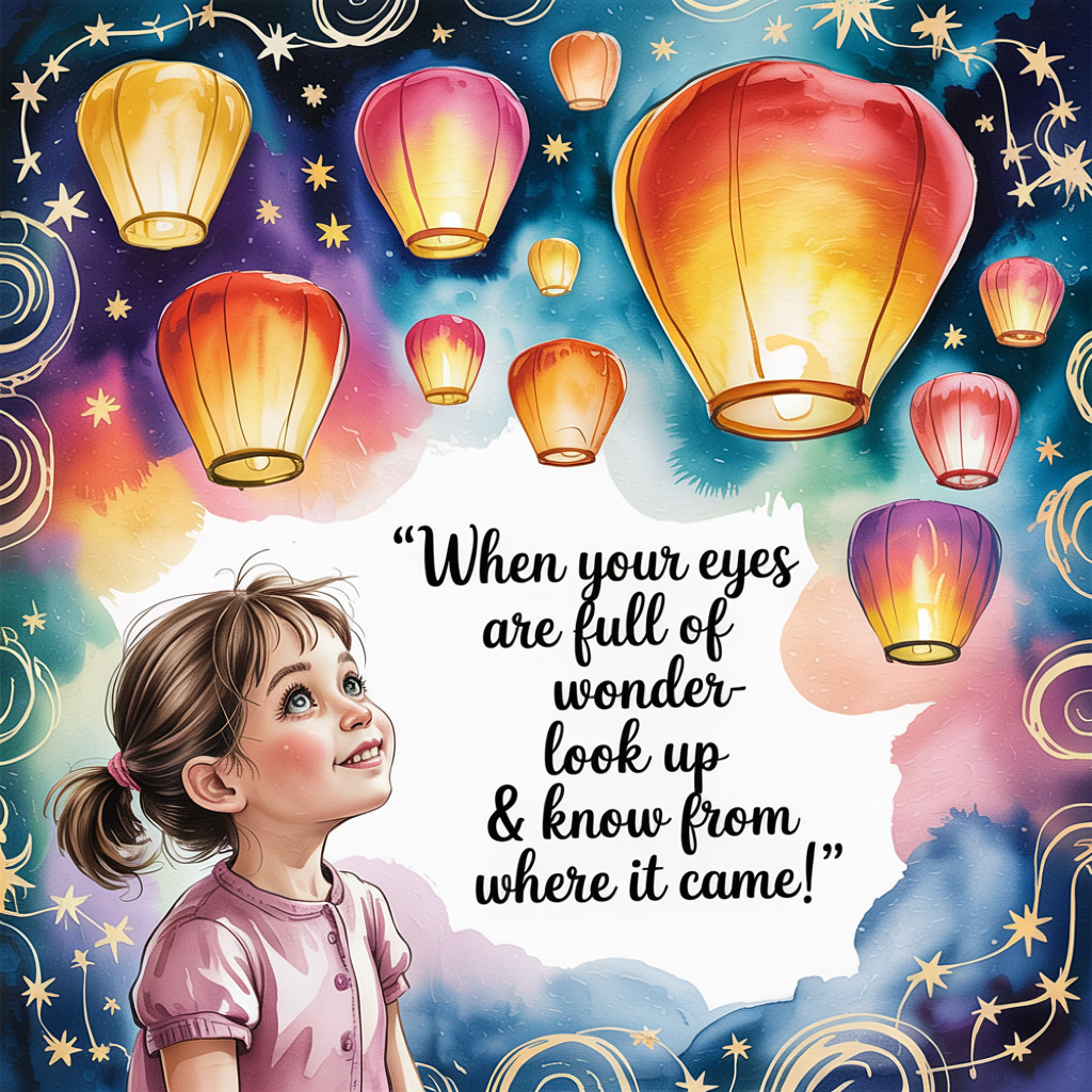 Young girl admiring colorful lanterns in night sky