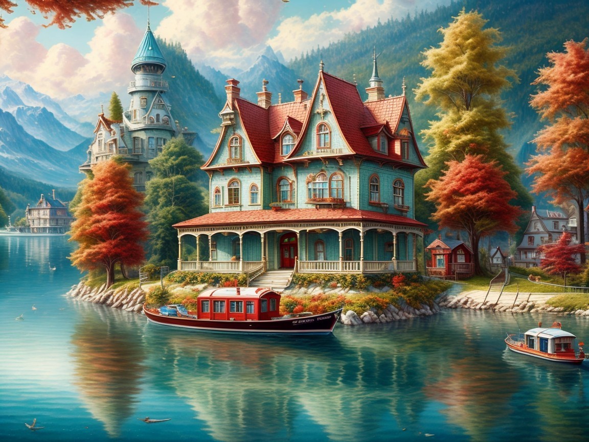 Victorian House by Lakeside with Autumn Colors and Mountains