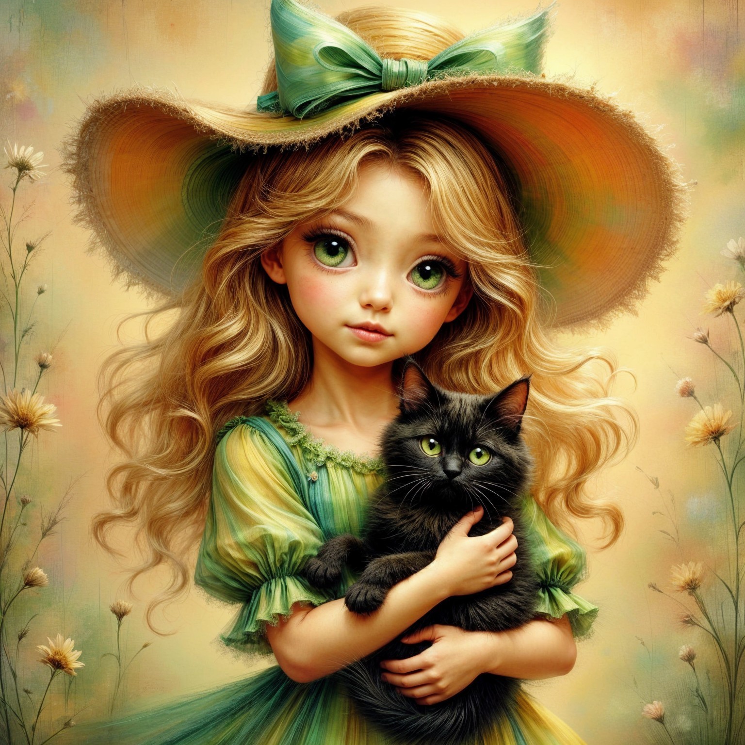 Young girl with blonde hair and black cat in flowers